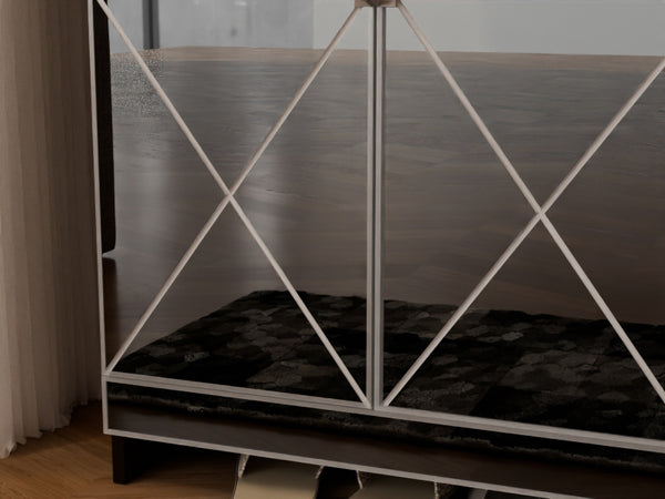 English Elm Elegant Mirrored Cabinet with Frosted Glass Carvings, Vertical Shoe Storage, Silver Handles 49x16x8" W760P196538