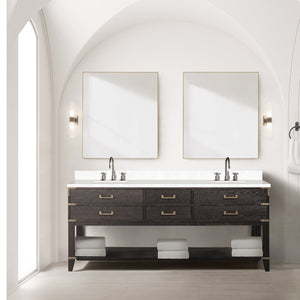 English Elm Brown Oak Double Bath Vanity 80" W X 22" D - Elegant Cultured Marble Top, Ample Storage & Style B2731P260330