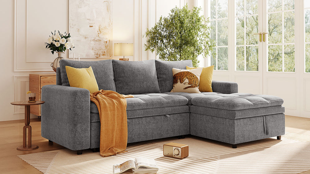 English Elm U_STYLE Plush Upholstered 3-Seater Sectional Sofa Bed with Storage, Space-Saving Comfort for Homes Gray WY000391AAE