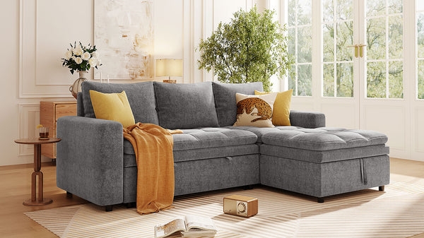 English Elm U_STYLE Plush Upholstered 3-Seater Sectional Sofa Bed with Storage, Space-Saving Comfort for Homes Gray WY000391AAE