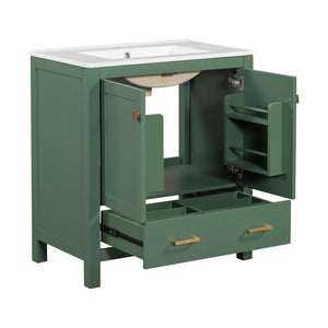 English Elm 30" Green Bathroom Vanity with Undermount Sink, Solid Wood Cabinet, Soft-Close Doors & Drawer Organizer N729P170521F