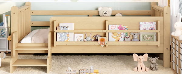 English Elm Twin Pine Floor Bed with Guardrails Built-in Bookcases and Stair Steps for Kids W1580P430184