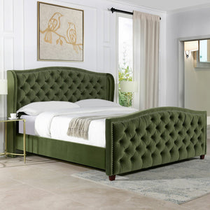 English Elm Jennifer Taylor Home - Marcella Upholstered Shelter Headboard Bed Set - King Size, Olive Green Velvet For Modern Luxury B2719P238229