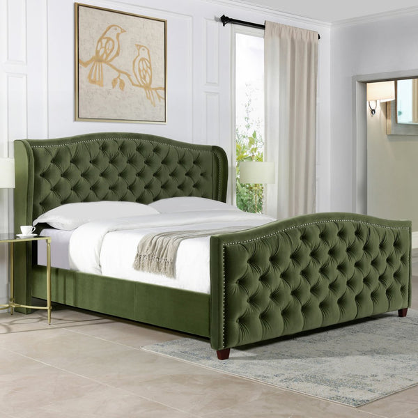 English Elm Jennifer Taylor Home - Marcella Upholstered Shelter Headboard Bed Set - King Size, Olive Green Velvet For Modern Luxury B2719P238229