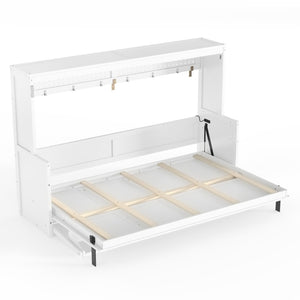 English Elm Full Murphy Bed with Fold Down Desk Led Lighting and Usb Port for Studio Spaces White W1580S00454