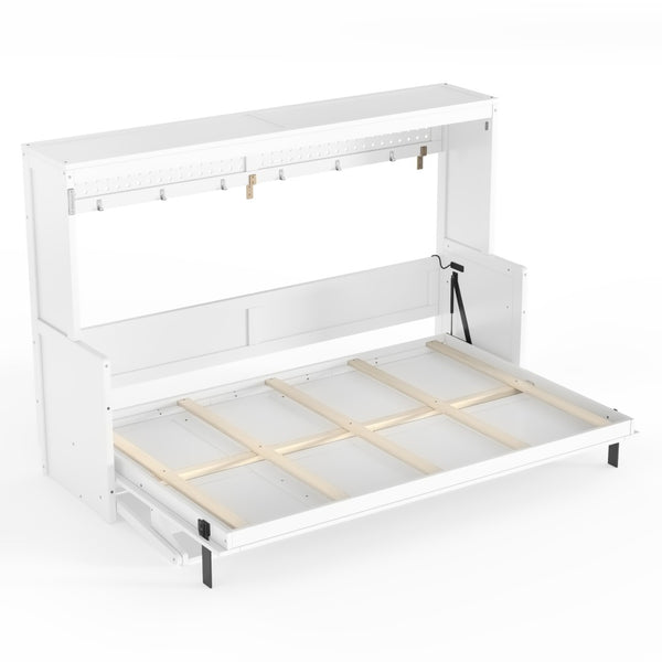 English Elm Full Murphy Bed with Fold Down Desk Led Lighting and Usb Port for Studio Spaces White W1580S00454