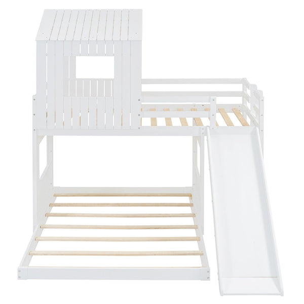 English Elm Wooden Twin Over Full Bunk Bed Farmhouse Playhouse Slide Pinewood Kids Loft White LT000328AAK