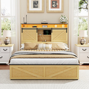 English Elm Farmhouse Full Size Bed Frame With Storage Headboard, Charging Station, Led Lights & Rustic Charm W1550P343683