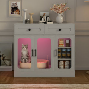English Elm Cat Litter Box Cabinet with Glass Doors Led Light Drawers and Wood Grain Finish Gray N704P395520E
