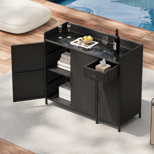 English Elm K&k Outdoor Wicker Bar Cabinet with Tempered Glass Top Adjustable Shelving and Drawer Black Brown N707P233745B