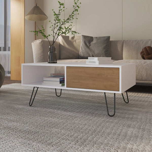English Elm White Modern Coffee Table With Natural Oak Accents, 1-Drawer Storage & Stylish Hairpin Legs B062P290226-GIGA