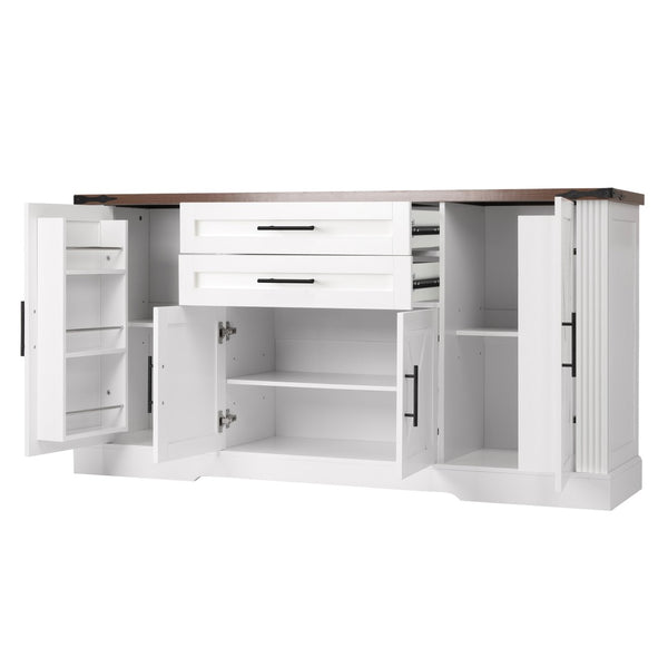 English Elm 63" Fluted Mdf Sideboard with Wood Tone Top Four Doors Three Drawers Dining Storage White W2917S00013