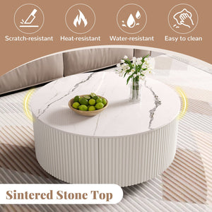 English Elm Modern Round Coffee Table with Sintered Stone Marble Top, Locking Casters, 2 Soft-Close Drawers, Space-Saving Design White N735P328523K
