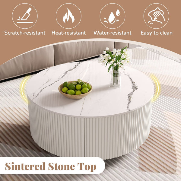 English Elm Modern Round Coffee Table with Sintered Stone Marble Top, Locking Casters, 2 Soft-Close Drawers, Space-Saving Design White N735P328523K
