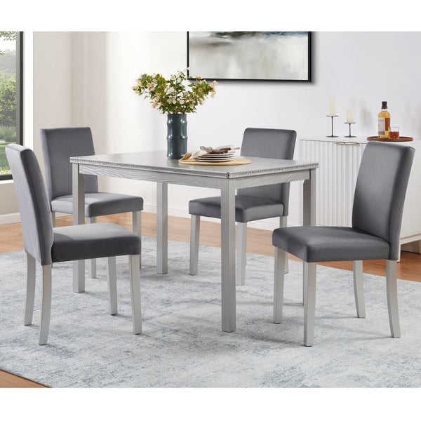 English Elm 5 Piece Wooden Dining Table Set - Elegant Silver Grey Kitchen Furniture With 4 Plush Chairs & Glam Accents W1998S00069