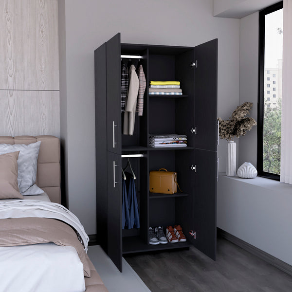 English Elm Hazel Tall Four-Door Armoire Wardrobe Cabinet with Six Shelves and Dual Hanging Rods for Bedroom Black 39.4 L x 23.2 W x 5.5 H B070S00229