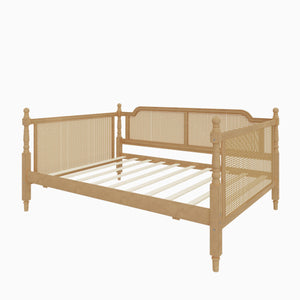 Traditional Woven Rattan Full Daybed with Pull Out Trundle Antique Walnut Pine Frame