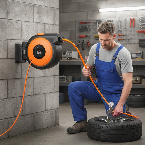 English Elm Homcom Auto Rewind Air Hose Reel 98 Ft 300 Psi Swivel Mount Workshop Garage W2225P485564
