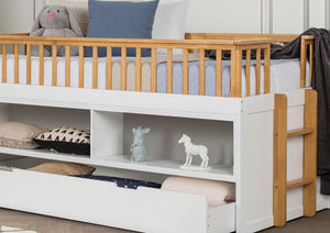English Elm Twin Captain Bed with Trundle, White & Light Oak Transitional Frame, Built-In Shelves & Ladder — Space-Saving Twin Storage Design B2741S00491