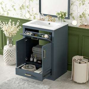 English Elm 24" Stylish Blue Bathroom Vanity With Ceramic Sink, 2 Storage Doors & Tip-Out Drawer For Organization N710P341037C