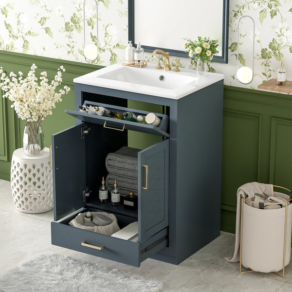 English Elm 24" Stylish Blue Bathroom Vanity With Ceramic Sink, 2 Storage Doors & Tip-Out Drawer For Organization N710P341037C