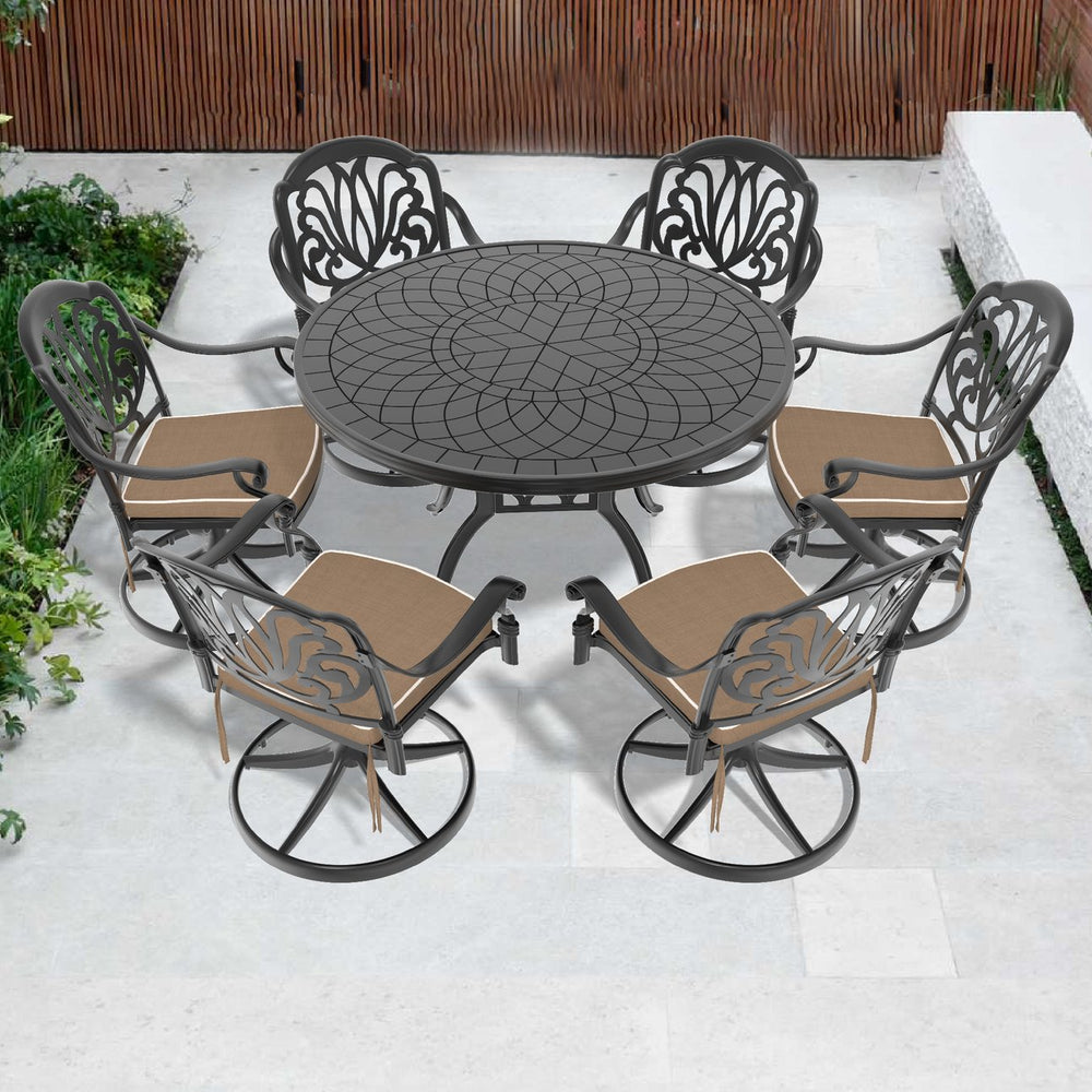 English Elm 7-Piece All-Weather Cast Aluminum Dining Set With Swivel Chairs & Round Table For Patio Gatherings W1710S00445