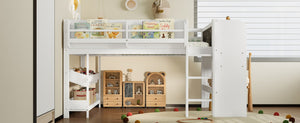 English Elm Twin Low Loft Bed Solid Pine Frame Kids Study Desk Blackboard Storage White Light White W1580S00299