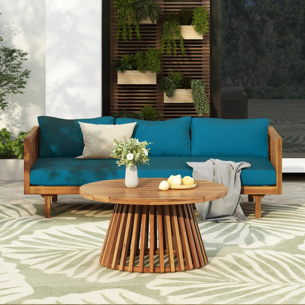 English Elm Christopher Knight Home® - Acacia Acacia Wood Patio Daybed and Round Coffee Table Set with Water-Resistant Cushions, Stylish Outdoor Lounge Teak,Teal N770P234486F_66327.00DT