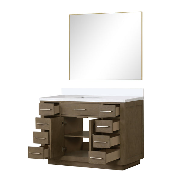 English Elm Grey Oak Single Bath Vanity With White Quartz Top And 46 In. Frameless Mirror For Modern Spaces B2731S01408