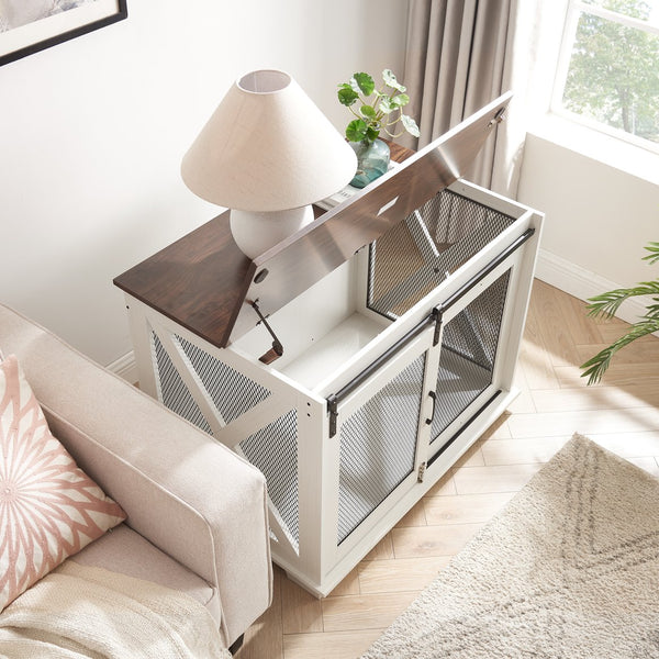 English Elm Farmhouse Dog Cage Crate Furniture with Sliding Barn Door, Secure Metal Latch, Flip-Up Top Access and Removable Divider for Small to Large Dogs (40.94x30.51x6.69) White W2275P164726