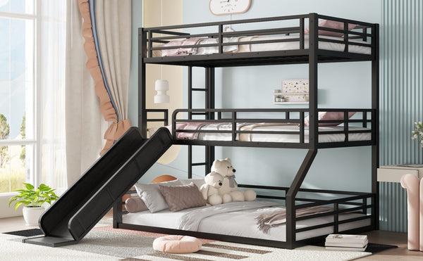 English Elm Twin Bunk Bed With Slide - Metal Triple Bunk For Kids, Heavy-Duty, Noise-Reduced, Safety Guardrails W1580S00173-GIGA