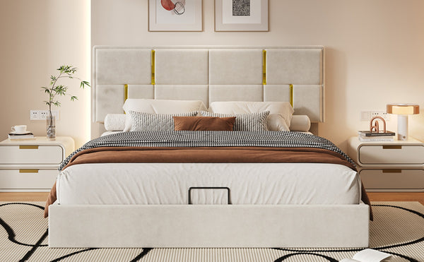 English Elm Queen Upholstered Storage Bed Gas Lift Platform with Gold Trim Pu Headboard N733S362241A