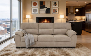 English Elm 3-seater Track Arm Sofa Tufted Textured Fabric Couch for Modern Living Rooms Camel W5568S00011