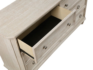 English Elm Traditional Leander 66" 7-Drawer Dresser Light Brown Oak Veneer with Weathered Nickel Ring Pulls and Molding B011P207858