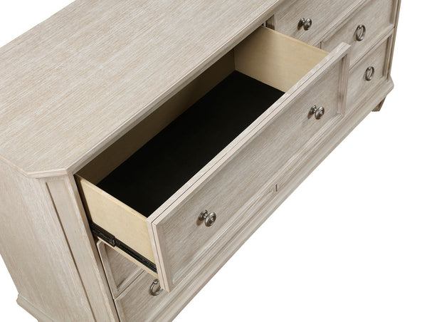 English Elm Traditional Leander 66" 7-Drawer Dresser Light Brown Oak Veneer with Weathered Nickel Ring Pulls and Molding B011P207858