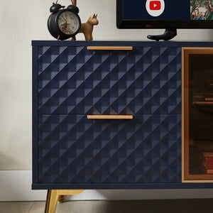 English Elm Deluxe Sculpted Geometric TV Cabinet with Tempered Glass Doors, 4 Drawers, Adjustable Metal Feet, Modern Chic Design Dark Blue W1162P294820
