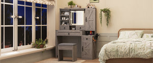 English Elm Farmhouse LED Vanity Desk with Sliding Mirror, Glass Top Storage, Built-In Charging Station & Stool Gray 37 L x 18.5 W x 13 H N733P340562G