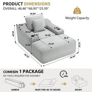 English Elm 67" Corduroy Oversized Chaise Sleeper Sofa Deep Seat Boneless Lounge with Cup Holder Pillows Light Grey W1803P409264
