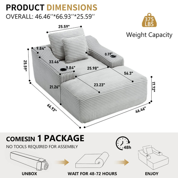 English Elm 67" Corduroy Oversized Chaise Sleeper Sofa Deep Seat Boneless Lounge with Cup Holder Pillows Light Grey W1803P409264