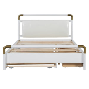 English Elm Queen Upholstered Platform Bed with Trundle & 2 Large Drawers, Padded Headboard, White/Walnut Elegance SF000190AAK