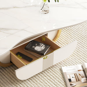 English Elm Modern Butterfly Coffee Table with Sintered Stone Top, Stainless Steel Base, Drawer & Shelf Storage Gold+White W3136S00018