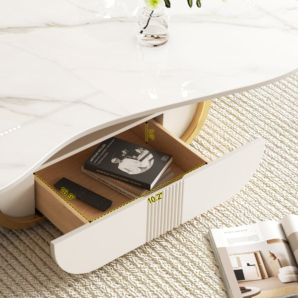 English Elm Modern Butterfly Coffee Table with Sintered Stone Top, Stainless Steel Base, Drawer & Shelf Storage Gold+White W3136S00018