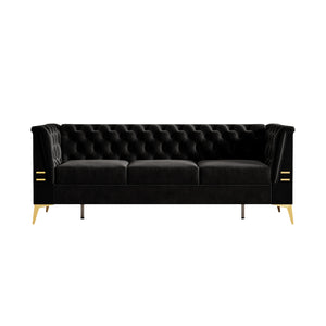 English Elm FX-P83-BK2(SOFA Luxurious Black Velvet 3-Seat Chesterfield Couch with Gold Legs, Tufted, Removable Cushions W576S00077