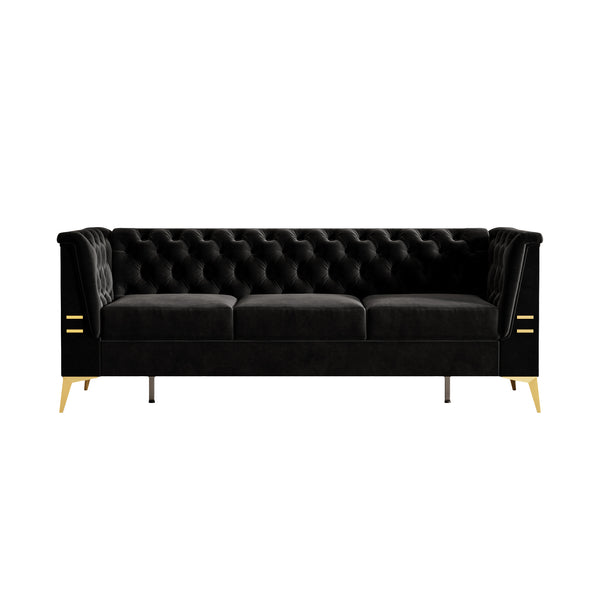 English Elm FX-P83-BK2(SOFA Luxurious Black Velvet 3-Seat Chesterfield Couch with Gold Legs, Tufted, Removable Cushions W576S00077