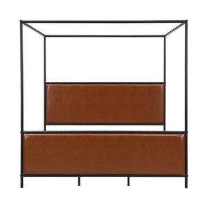 English Elm King Canopy Bed Iron Four Post Frame with Pu Leather Upholstered Headboard Footboard N757K343427O