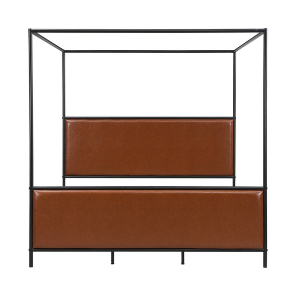 English Elm King Canopy Bed Iron Four Post Frame with Pu Leather Upholstered Headboard Footboard N757K343427O