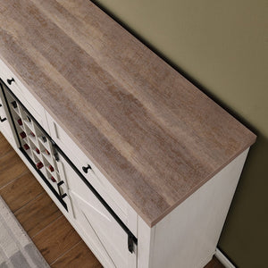 English Elm Farmhouse Wine Bar Cabinet with Independent Wine Rack, 3 Smooth Drawers, Thick Top, Rustic Buffet Sideboard W3151S00001