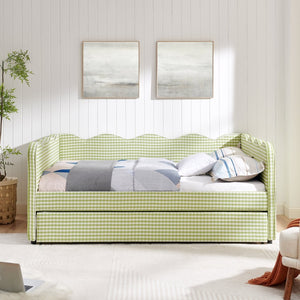 English Elm Full Size Gingham Linen Daybed with Wave Backrest Trundle and Usb Charging Port Green W1413S00139