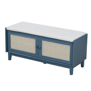 English Elm Trexm Bohemian Rattan Storage Bench Cushioned Seat Shoe Cabinet for Entryway Antique Navy,Beige N715P308012M