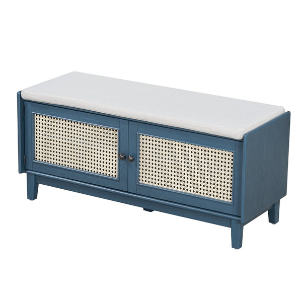 English Elm Trexm Bohemian Rattan Storage Bench Cushioned Seat Shoe Cabinet for Entryway Antique Navy,Beige N715P308012M